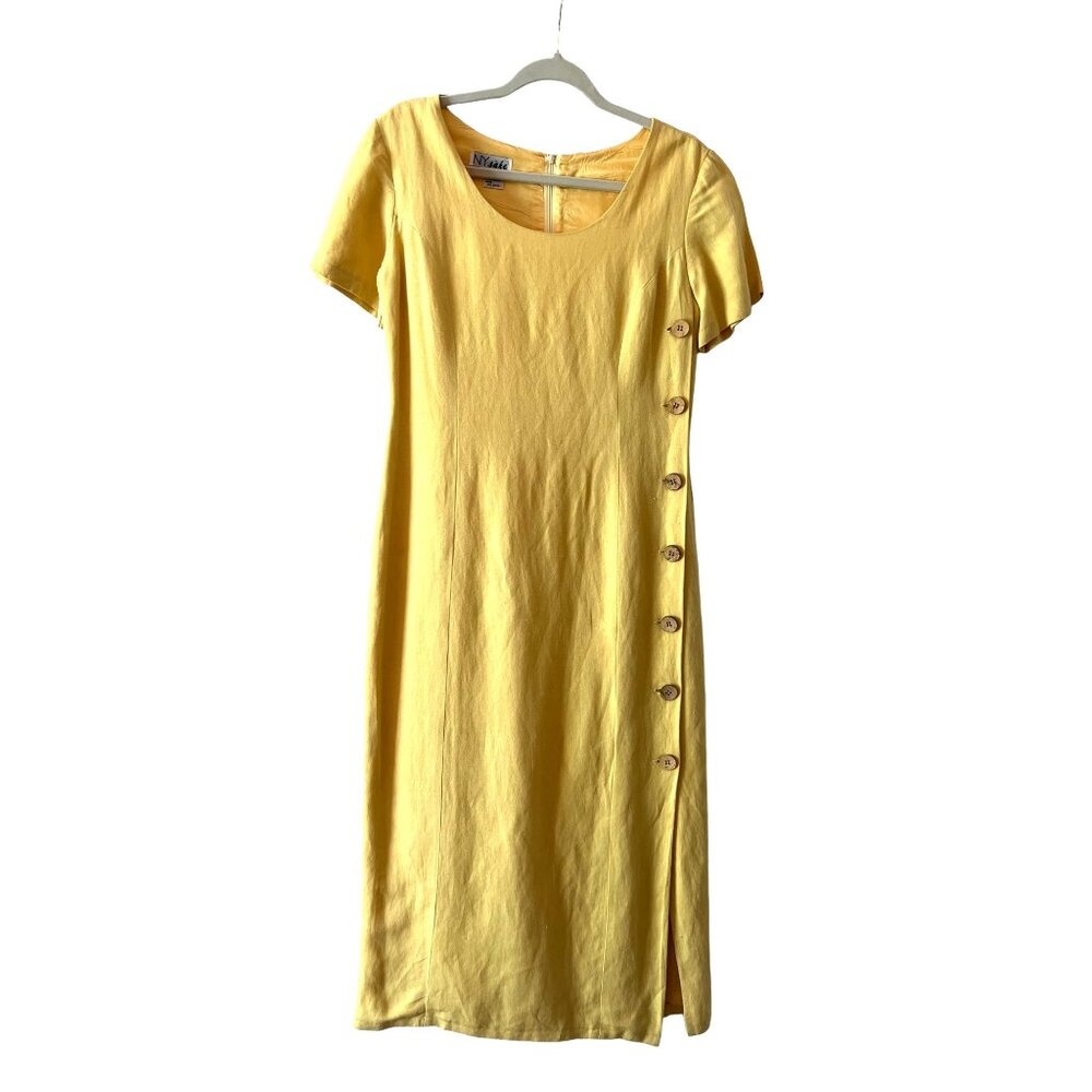 NY Sake Vintage Dress Pale Yellow Midi Sz 8  Linen Blend Front Slit Short Sleeve